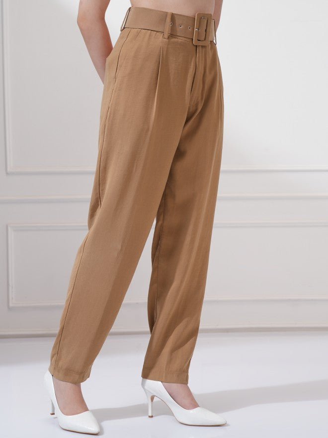 Tokyo Talkies Women Taupe Solid Straight Fit Casual Trouser - Taupe - Image 6