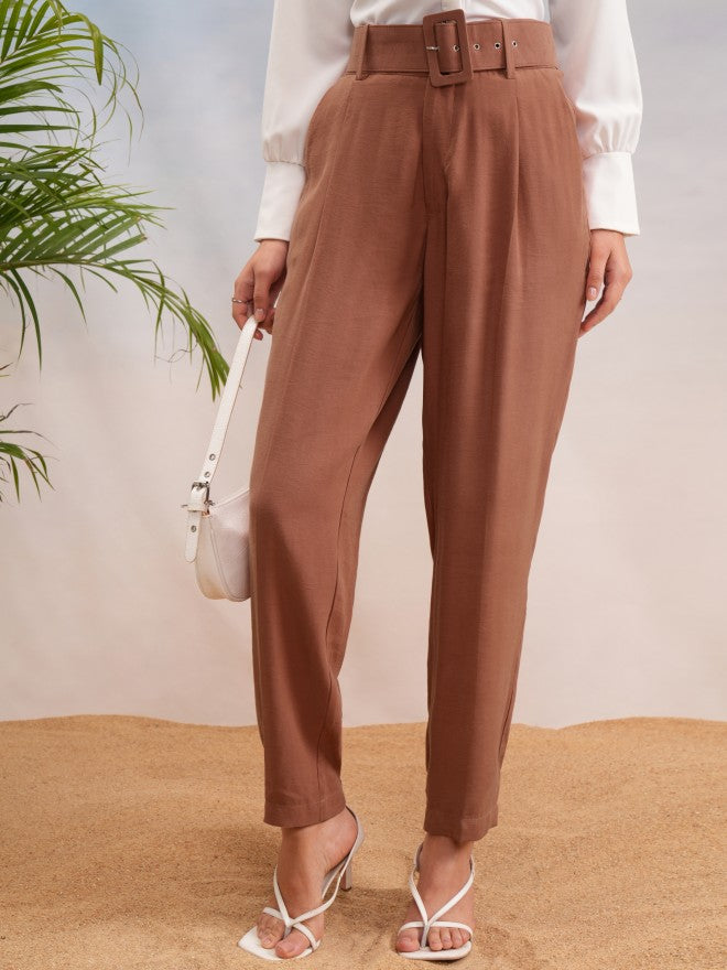 Tokyo Talkies Women Rose Solid Straight Fit Casual Trouser - Rose - Image 1