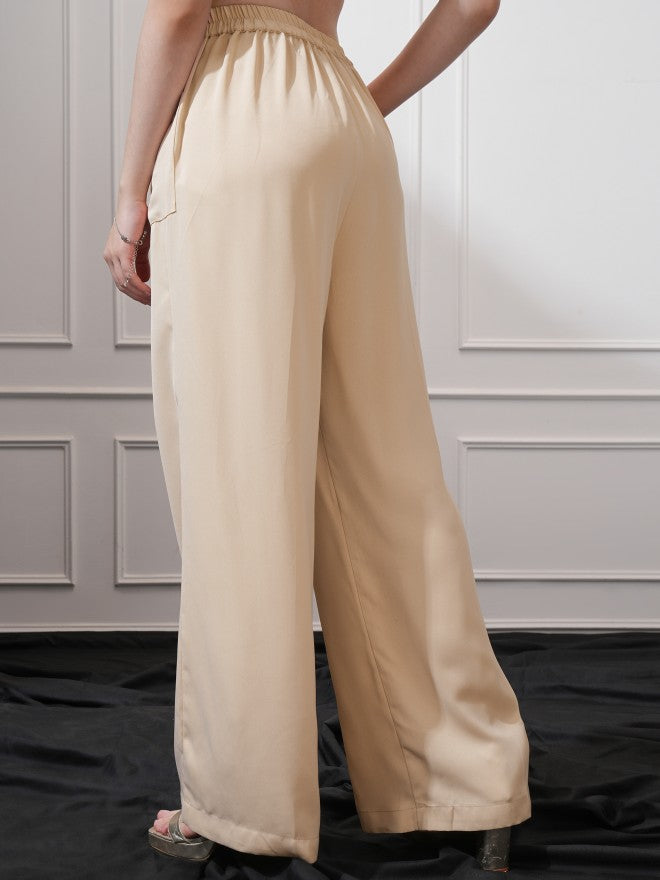 Tokyo Talkies Women Beige Solid Flared Casual Trouser - Beige - Image 3