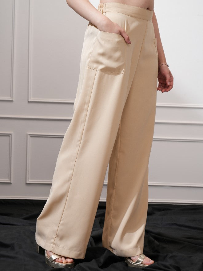 Tokyo Talkies Women Beige Solid Flared Casual Trouser - Beige - Image 6