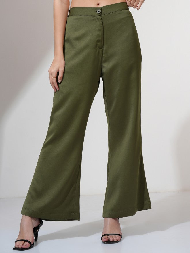 Tokyo Talkies Women Olive Solid Flared Casual Trouser - Olive - Image 1