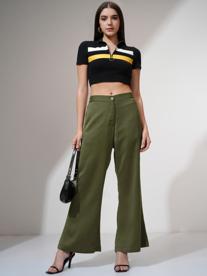 Tokyo Talkies Women Olive Solid Flared Casual Trouser - Olive - Image 2