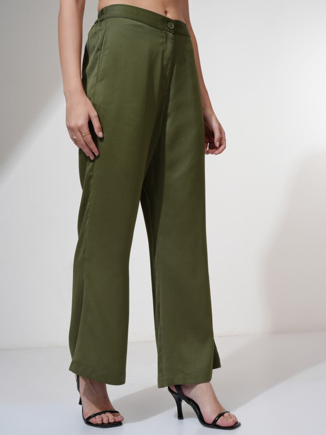 Tokyo Talkies Women Olive Solid Flared Casual Trouser - Olive - Image 6