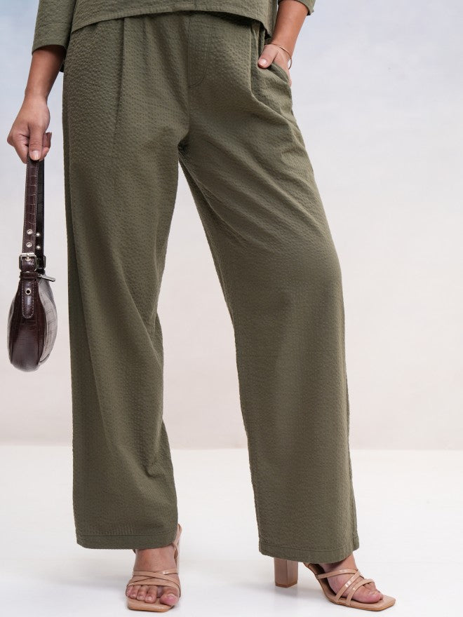 Tokyo Talkies Women Olive Self Design Regular Fit Casual Trouser - Olive - Image 1