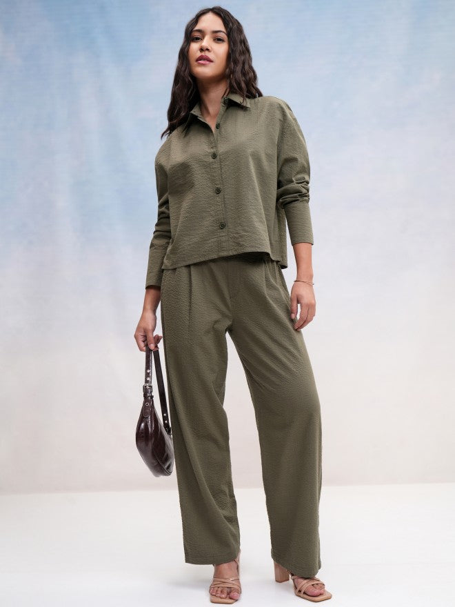 Tokyo Talkies Women Olive Self Design Regular Fit Casual Trouser - Olive - Image 2
