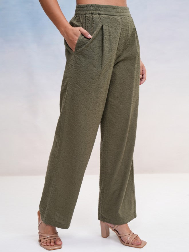 Tokyo Talkies Women Olive Self Design Regular Fit Casual Trouser - Olive - Image 6