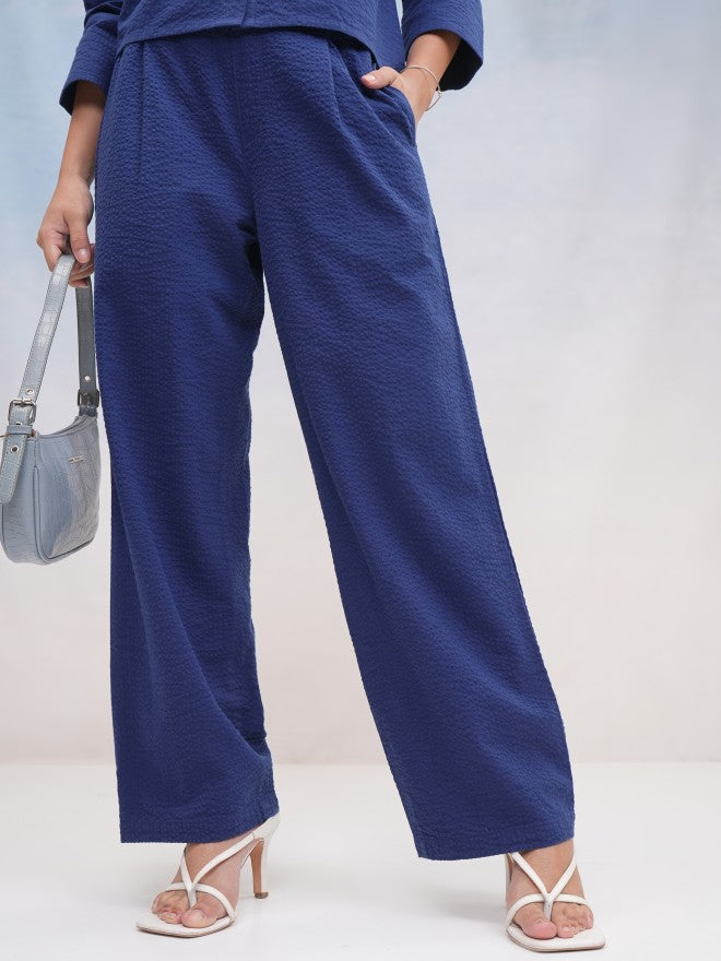 Tokyo Talkies Women Navy Blue Self Design Regular Fit Casual Trouser - Navy Blue - Image 1