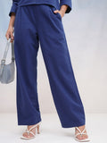 Tokyo Talkies Women Navy Blue Self Design Regular Fit Casual Trouser - Navy Blue - Image 1