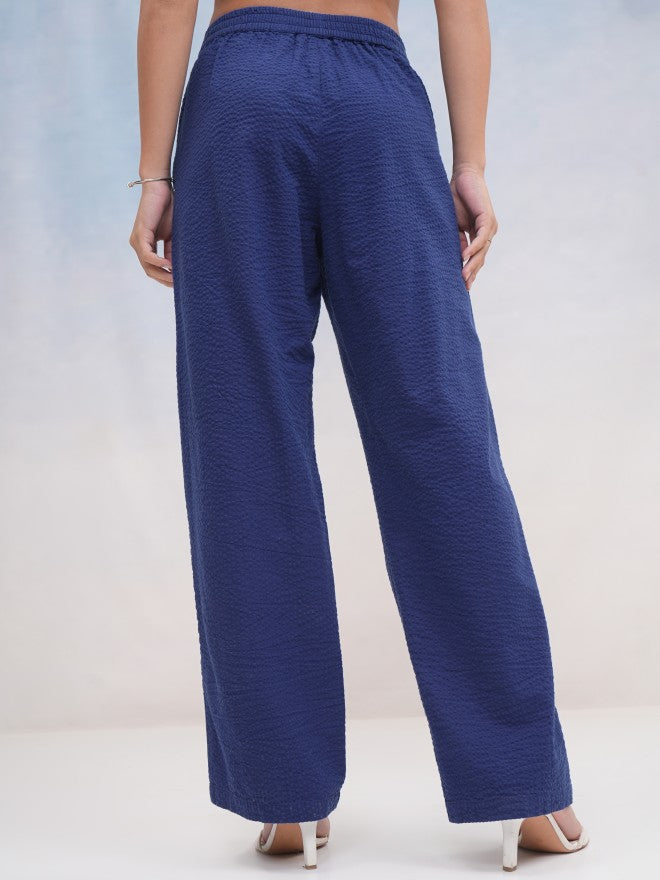 Tokyo Talkies Women Navy Blue Self Design Regular Fit Casual Trouser - Navy Blue - Image 3
