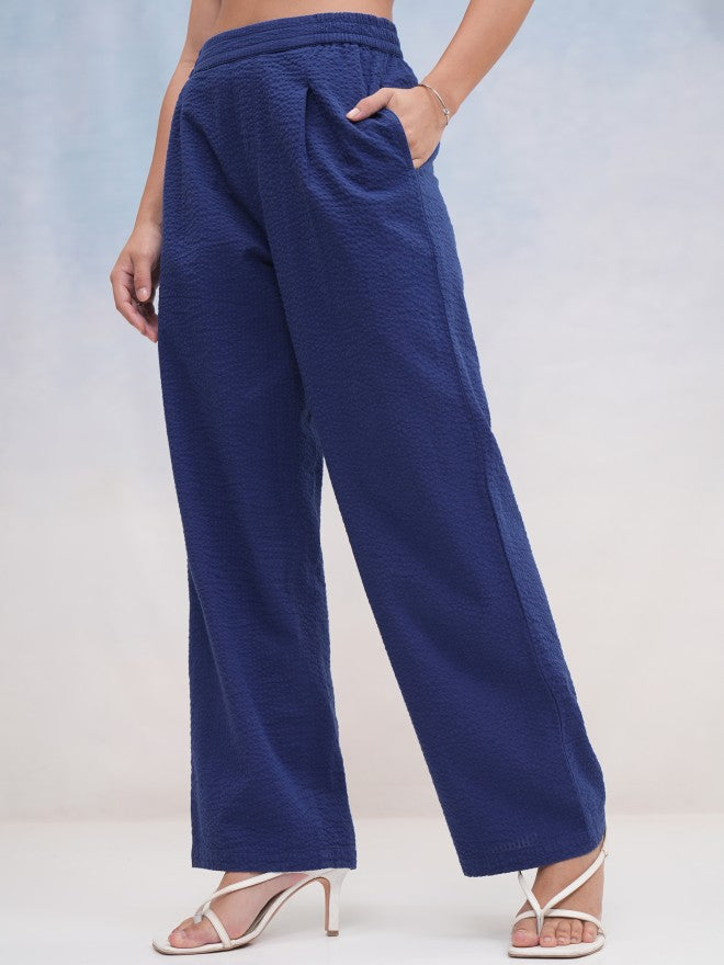 Tokyo Talkies Women Navy Blue Self Design Regular Fit Casual Trouser - Navy Blue - Image 4
