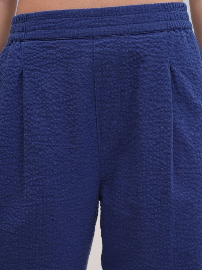 Tokyo Talkies Women Navy Blue Self Design Regular Fit Casual Trouser - Navy Blue - Image 5