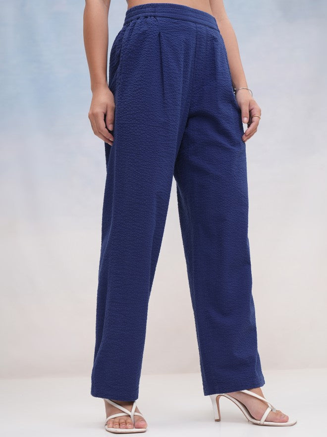 Tokyo Talkies Women Navy Blue Self Design Regular Fit Casual Trouser - Navy Blue - Image 6