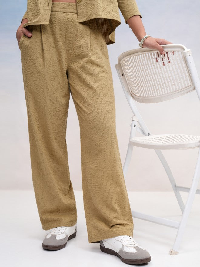 Tokyo Talkies Women Khaki Self Design Regular Fit Casual Trouser - Khaki - Image 1