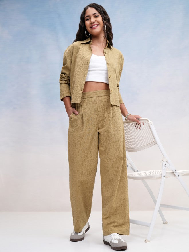 Tokyo Talkies Women Khaki Self Design Regular Fit Casual Trouser - Khaki - Image 2