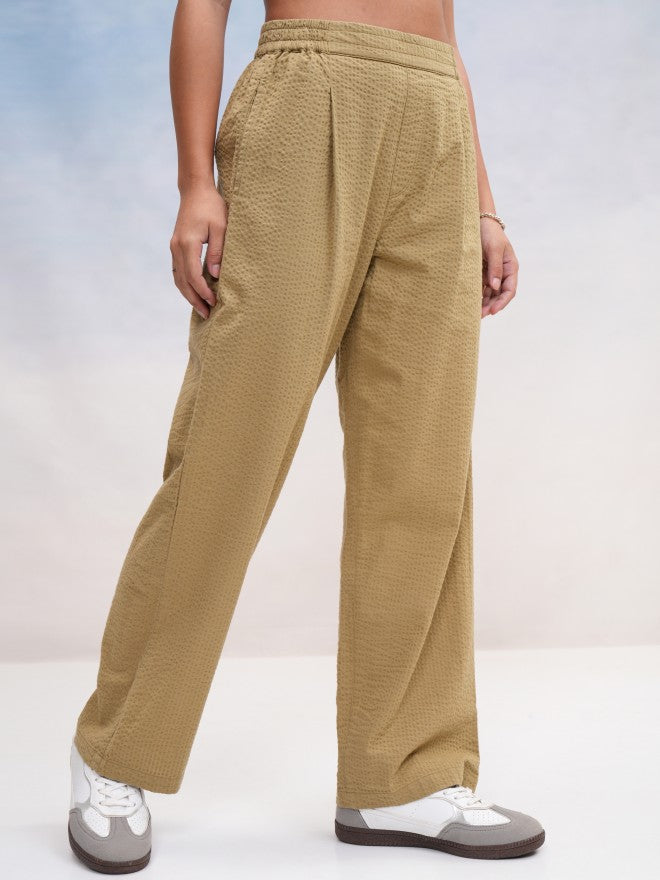 Tokyo Talkies Women Khaki Self Design Regular Fit Casual Trouser - Khaki - Image 6