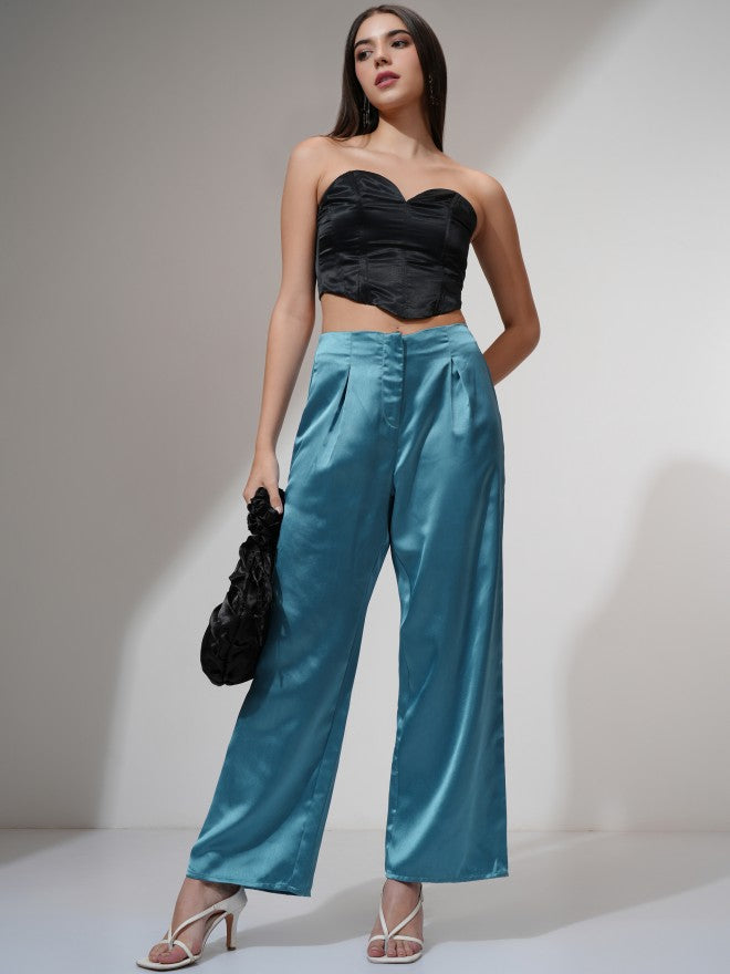 Tokyo Talkies Women Blue Solid Flared Casual Trouser - Blue - Image 2