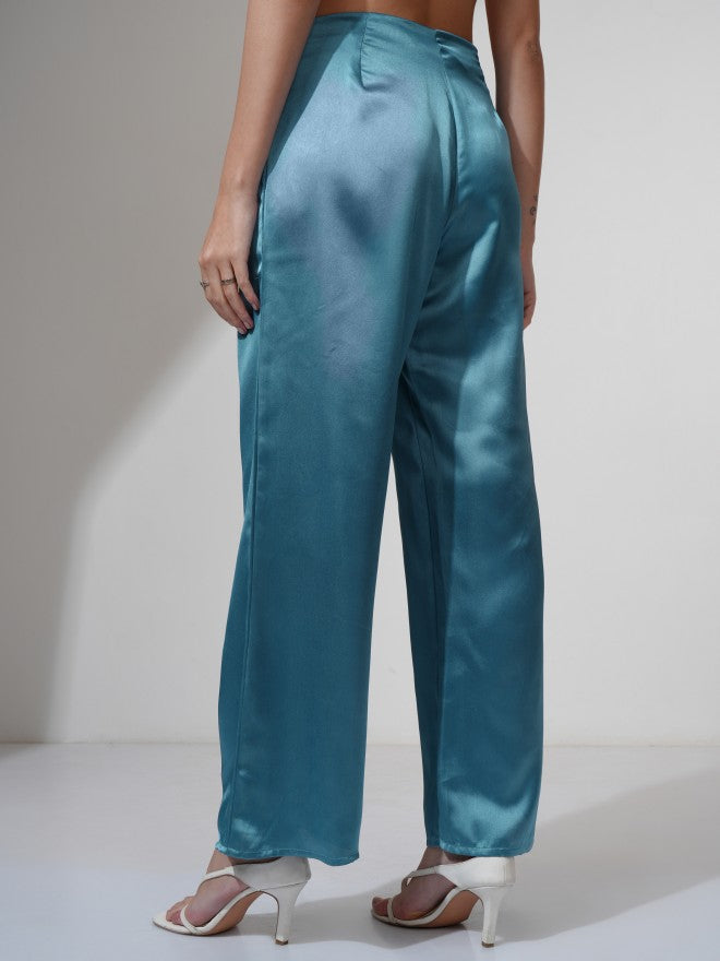 Tokyo Talkies Women Blue Solid Flared Casual Trouser - Blue - Image 3