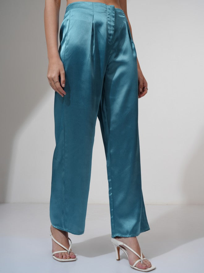 Tokyo Talkies Women Blue Solid Flared Casual Trouser - Blue - Image 6