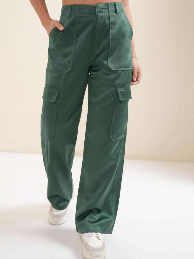 Tokyo Talkies Women Green Solid Loose Fit Cargos - Green - Image 1