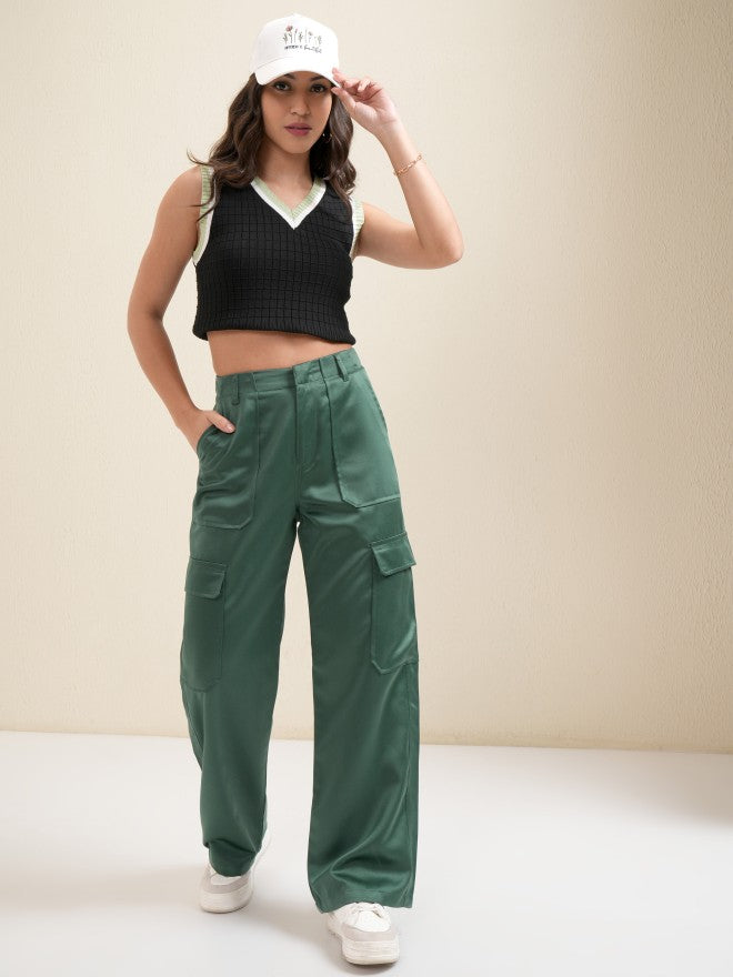 Tokyo Talkies Women Green Solid Loose Fit Cargos - Green - Image 2