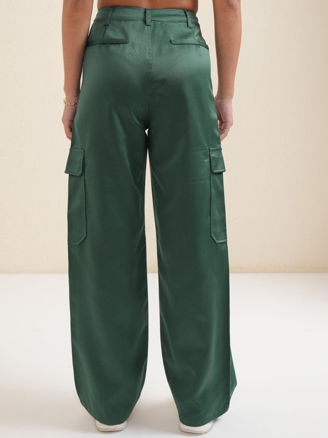 Tokyo Talkies Women Green Solid Loose Fit Cargos - Green - Image 3