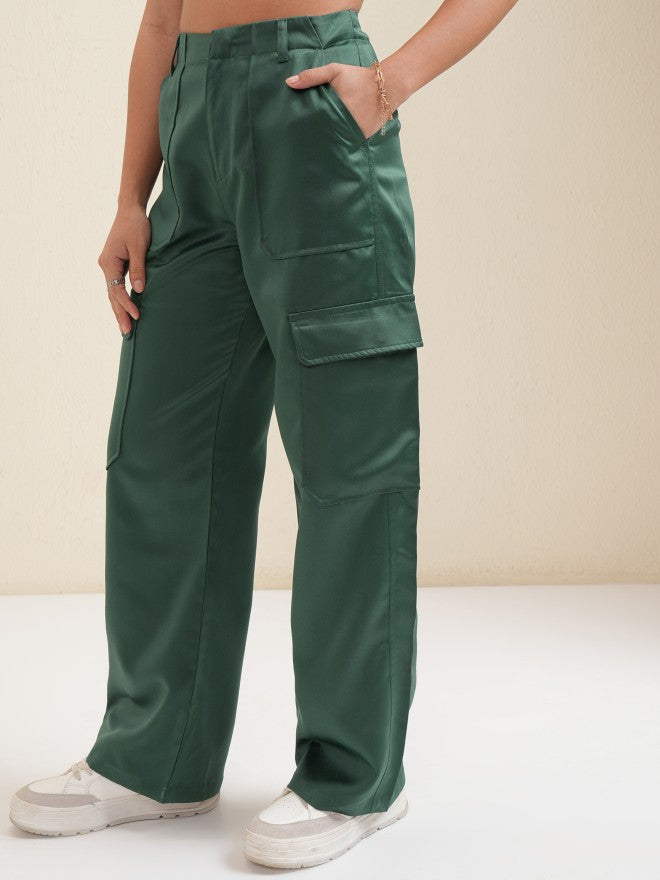 Tokyo Talkies Women Green Solid Loose Fit Cargos - Green - Image 4