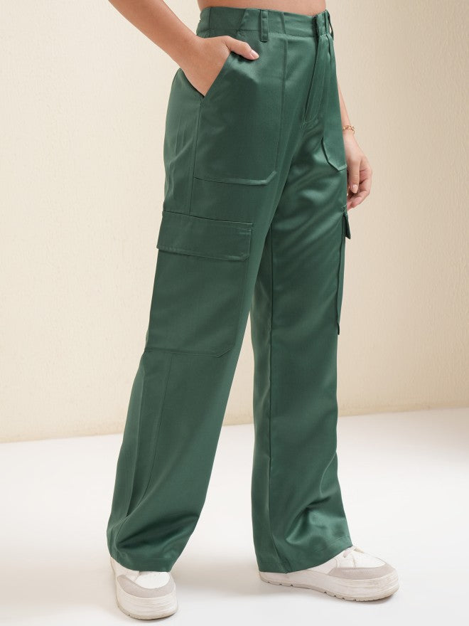Tokyo Talkies Women Green Solid Loose Fit Cargos - Green - Image 6