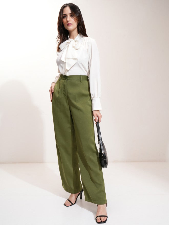 Tokyo Talkies Women Olive Solid Regular Fit Casual Trouser - Olive - Image 2