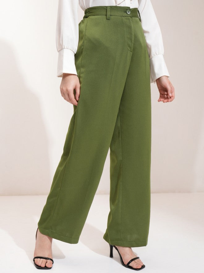 Tokyo Talkies Women Olive Solid Regular Fit Casual Trouser - Olive - Image 6