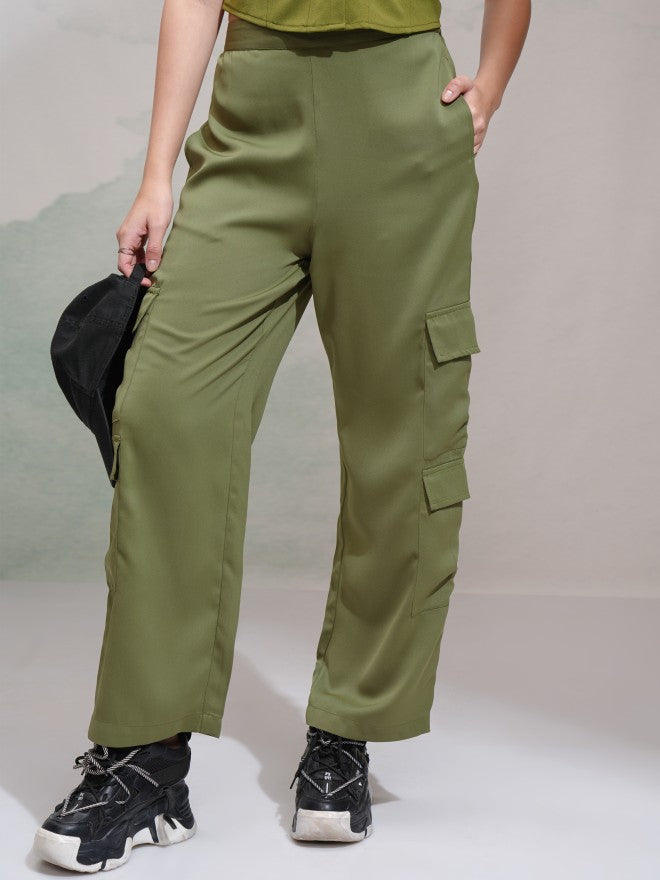Tokyo Talkies Women Olive Solid Straight Fit Cargos - Olive - Image 1