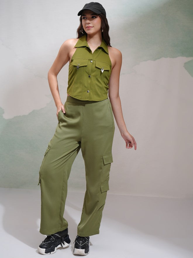 Tokyo Talkies Women Olive Solid Straight Fit Cargos - Olive - Image 2