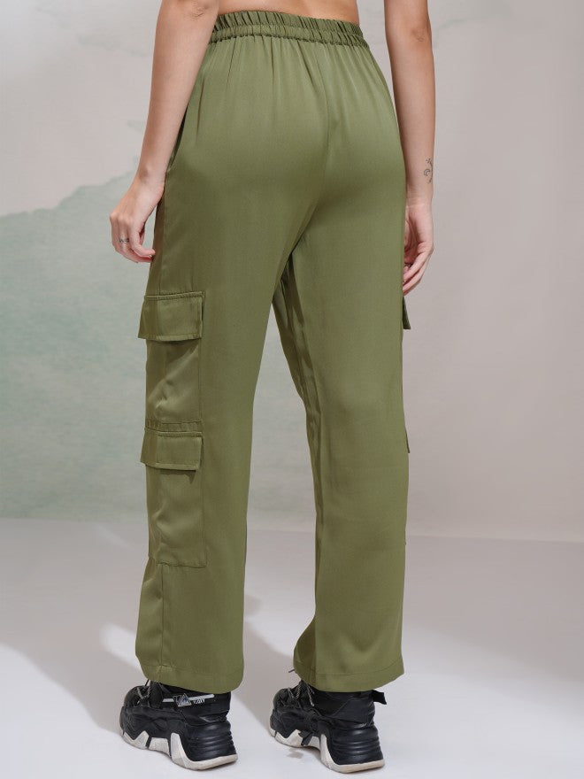 Tokyo Talkies Women Olive Solid Straight Fit Cargos - Olive - Image 3