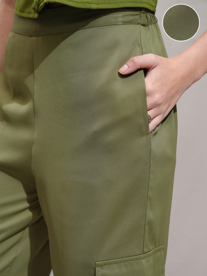 Tokyo Talkies Women Olive Solid Straight Fit Cargos - Olive - Image 5