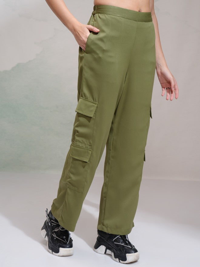 Tokyo Talkies Women Olive Solid Straight Fit Cargos - Olive - Image 6