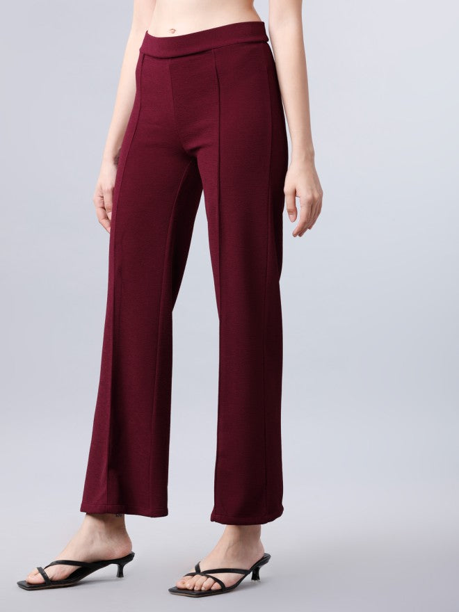 Tokyo Talkies Women Maroon Solid Regular Fit Casual Trouser - Maroon - Image 2