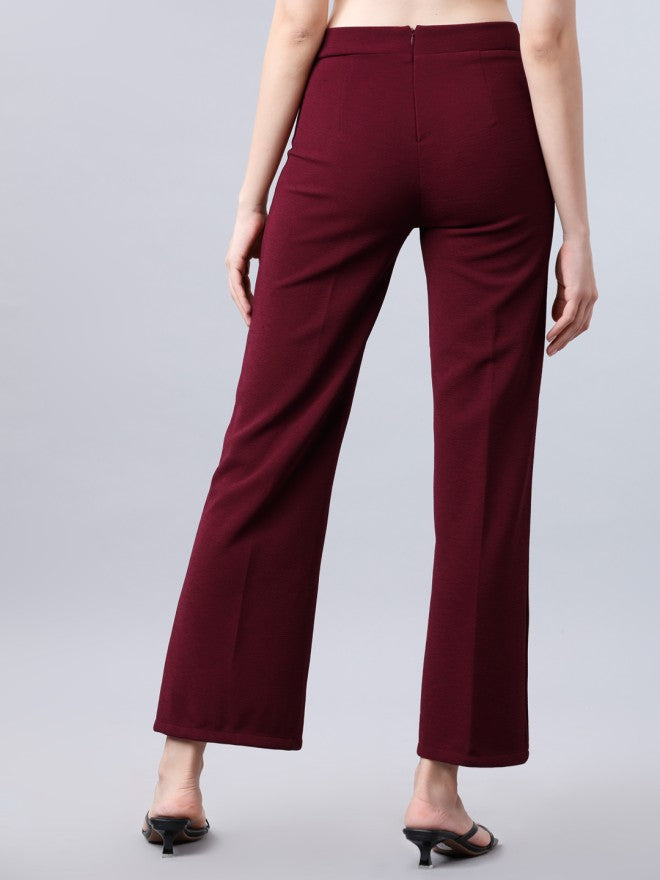 Tokyo Talkies Women Maroon Solid Regular Fit Casual Trouser - Maroon - Image 3
