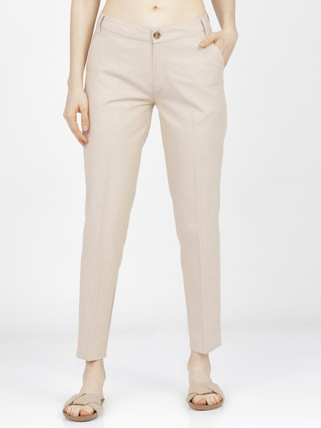 Tokyo Talkies Women Beige Solid Tapered Fit Formal Trousers - Beige - Image 1