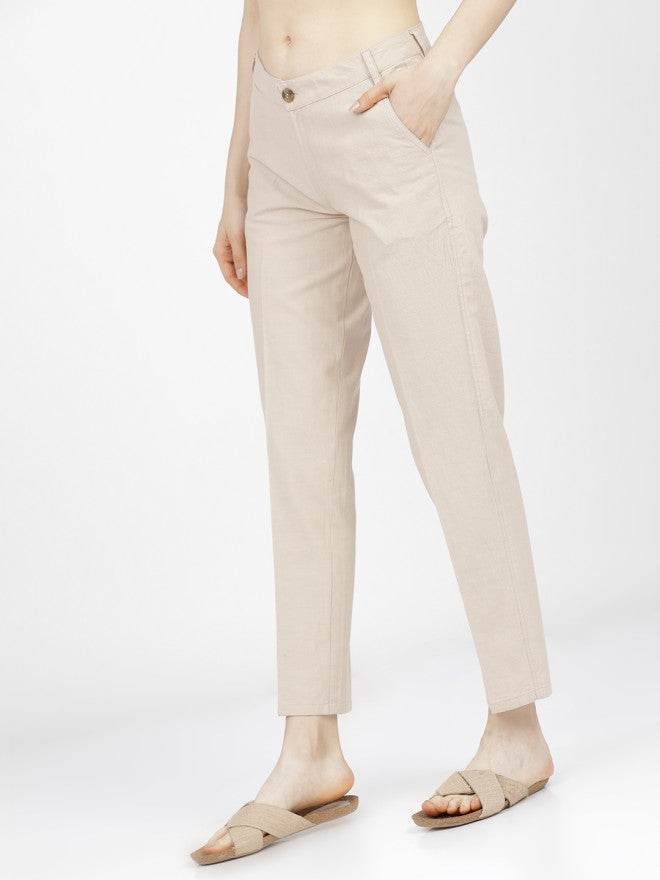 Tokyo Talkies Women Beige Solid Tapered Fit Formal Trousers - Beige - Image 2