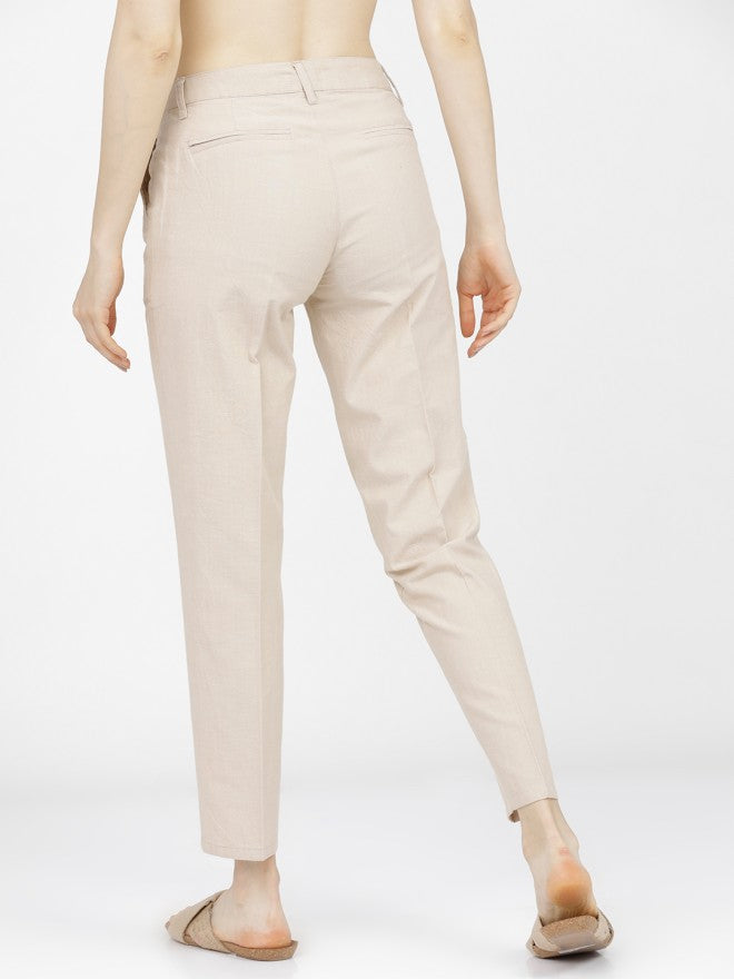 Tokyo Talkies Women Beige Solid Tapered Fit Formal Trousers - Beige - Image 3