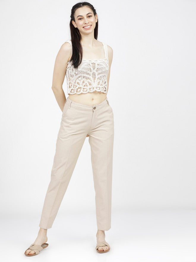 Tokyo Talkies Women Beige Solid Tapered Fit Formal Trousers - Beige - Image 5