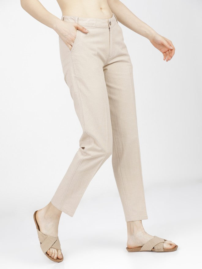 Tokyo Talkies Women Beige Solid Tapered Fit Formal Trousers - Beige - Image 6