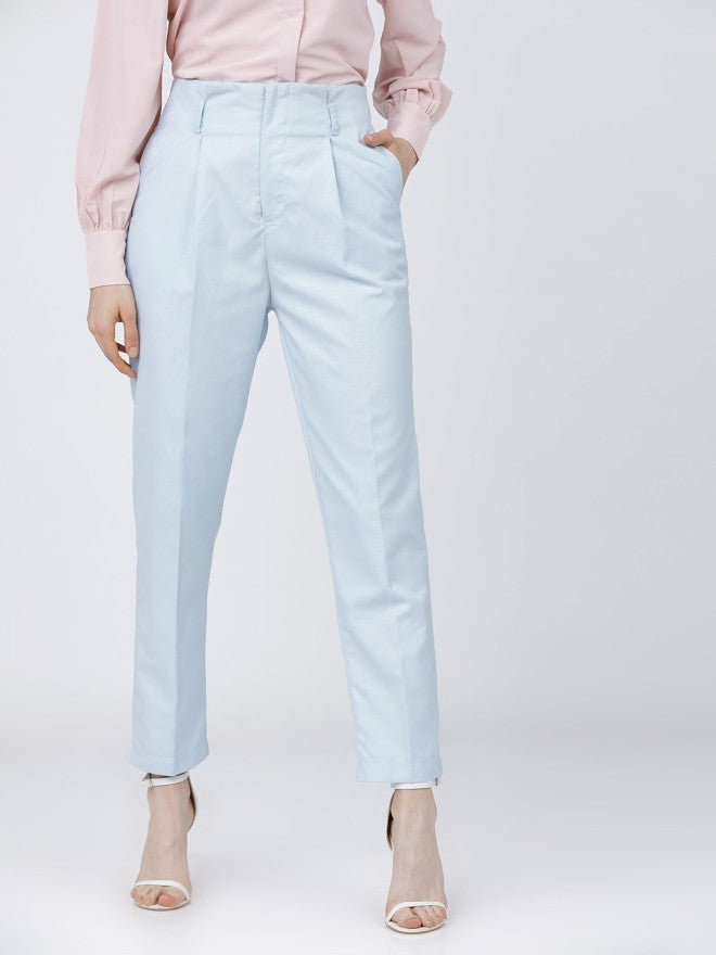 Tokyo Talkies Women Blue Solid Tapered Fit Casual Trouser - Blue - Image 1