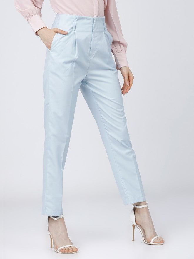 Tokyo Talkies Women Blue Solid Tapered Fit Casual Trouser - Blue - Image 6