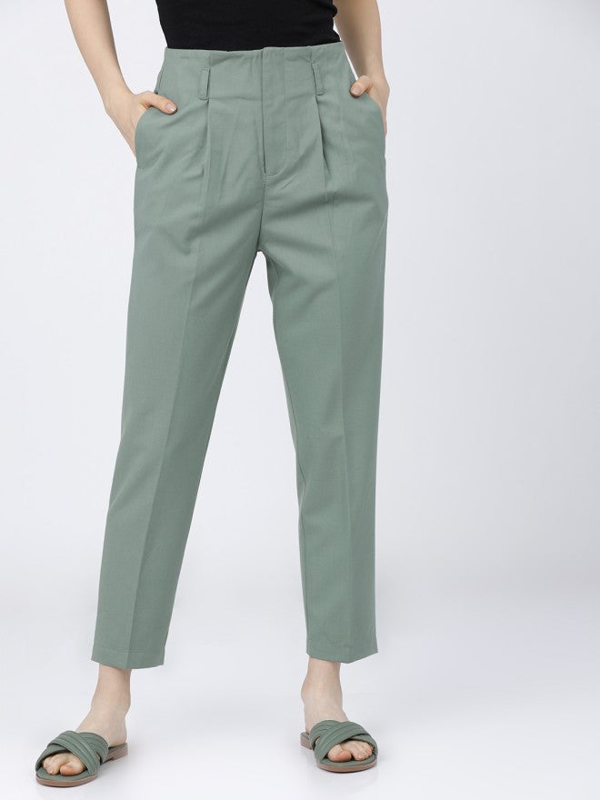 Tokyo Talkies Women Green Solid Tapered Fit Casual Trouser - Green - Image 1