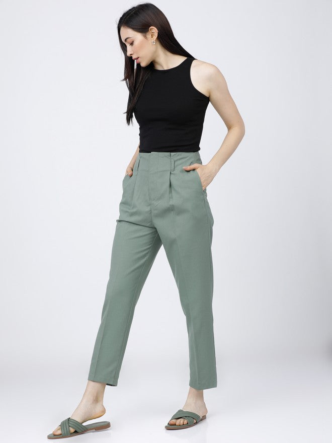 Tokyo Talkies Women Green Solid Tapered Fit Casual Trouser - Green - Image 5