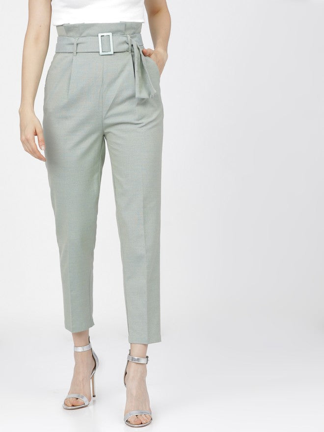 Tokyo Talkies Women Green Solid Tapered Fit Casual Trouser - Green - Image 1
