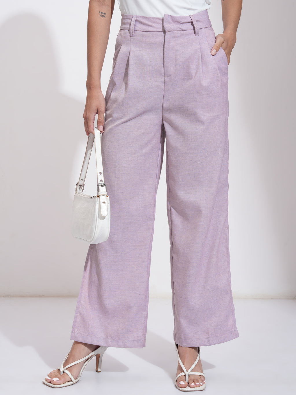 Tokyo Talkies Women Mauve Solid Regular Fit Parallel Trousers - Mauve - Image 1