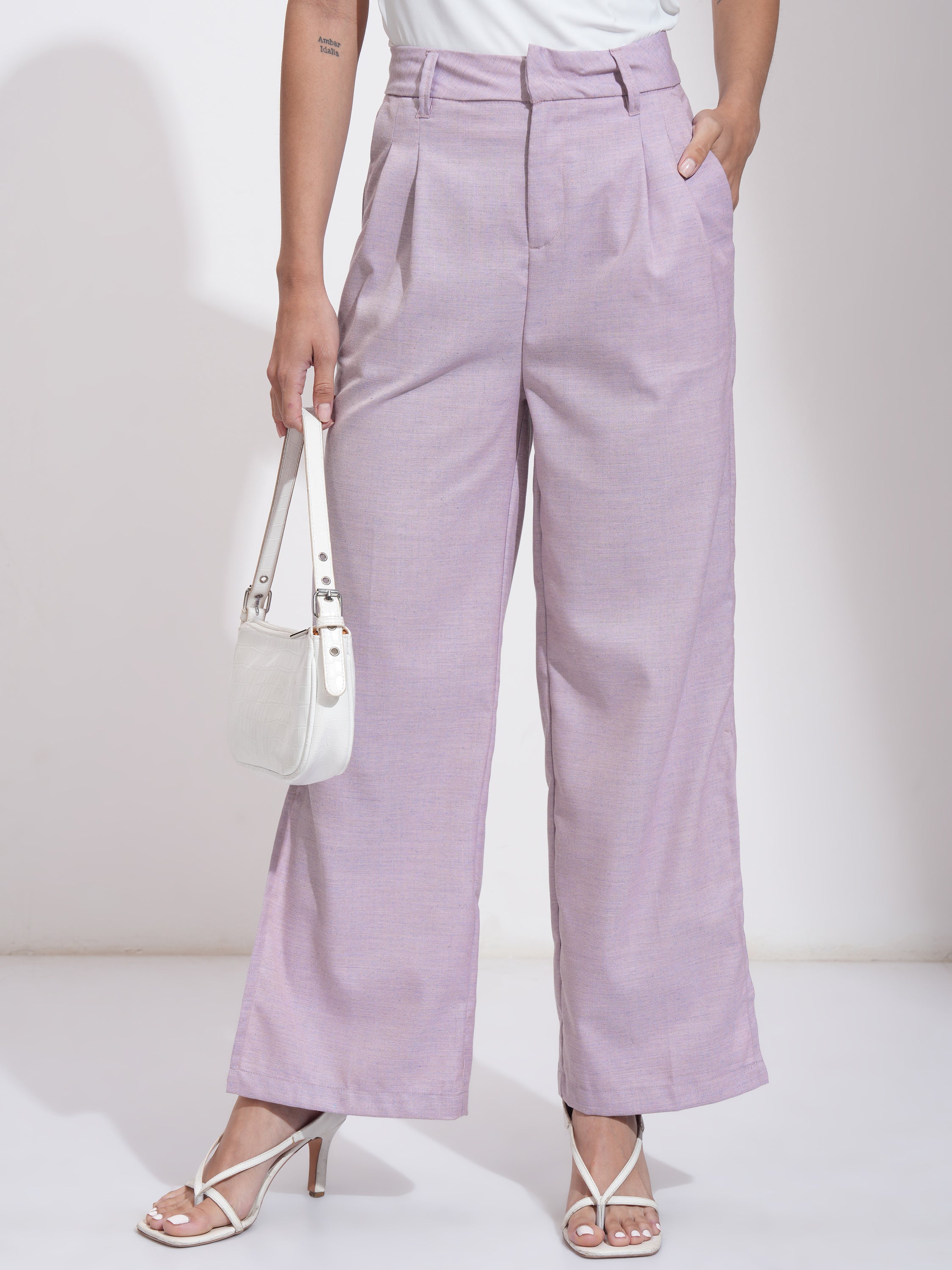 Tokyo Talkies Women Mauve Solid Regular Fit Parallel Trousers - Mauve - Image 1