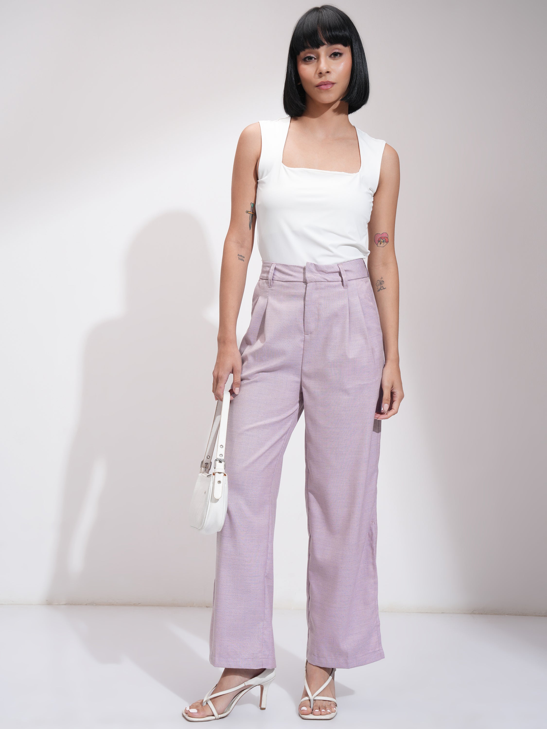 Tokyo Talkies Women Mauve Solid Regular Fit Parallel Trousers - Mauve - Image 2