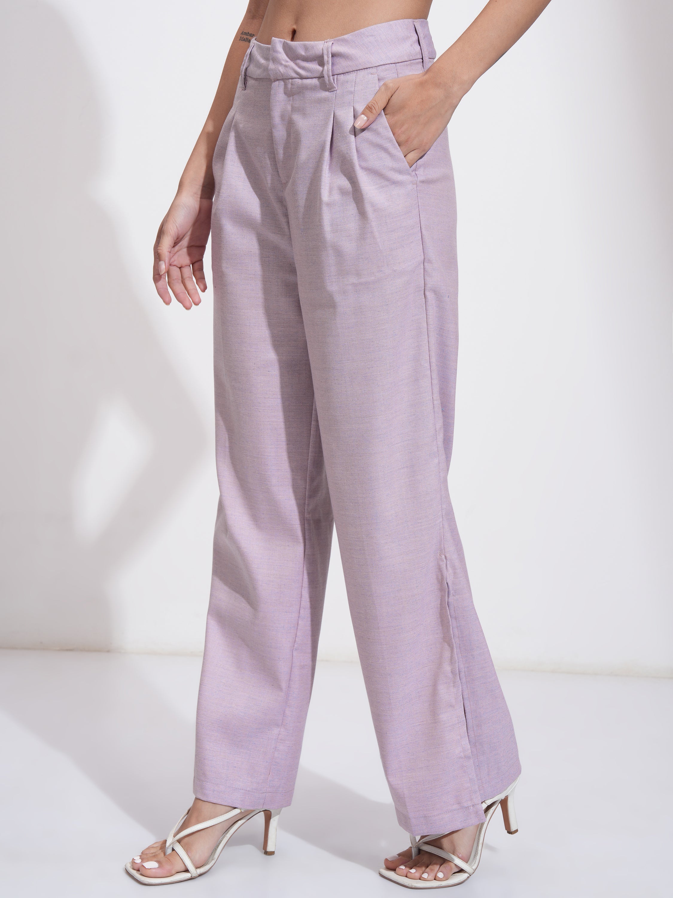 Tokyo Talkies Women Mauve Solid Regular Fit Parallel Trousers - Mauve - Image 4